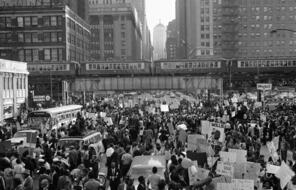 Crowd fills LaSalle Street between City Hall and building housing Board of Education as hundreds of demonstrators marched in Chicago on Oct. 22, 1963 following a one-day boycott of public schools.