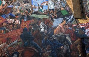 The Battle of Cable Street mural depicts details from the confrontation between anti-Fascist demonstrators and Oswald Mosley and his Blackshirts in London's East End.