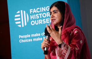 Malala Yousafzai speaking to Facing History students.