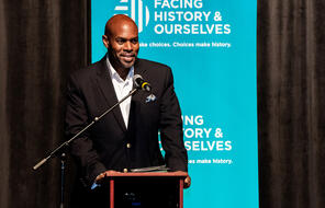 Facing History CEO Desmond Blackburn speaking at the 2023 South Bay Fundraiser