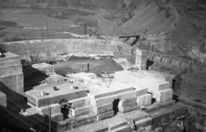 View of a dam being built in the Im Fout labor camp in Morocco.