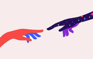Two colorful hands reaching towards one another 