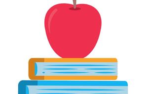 Graphic image of apple on top of books.