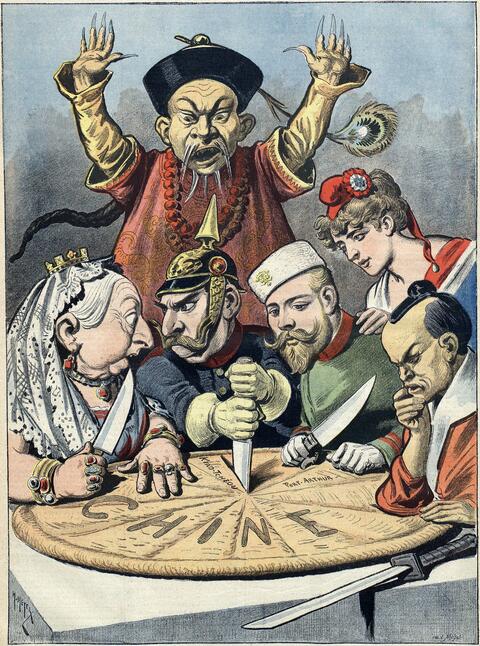 In this French political cartoon from 1898, the Qing official observes powerlessly as a pastry representing China is divided up by Queen Victoria of the United Kingdom, William II of Russia, the French Marianne, and a samurai of Japan.