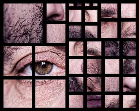 Fragmented images of a human face.