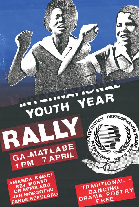 Poster shows two young women with their fists raised and includes details about the rally. 