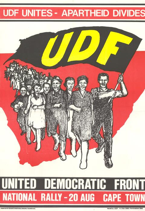 Poster advertising a rally in Capetown contains an illustration of people marching carrying a "UDF" flag.  
