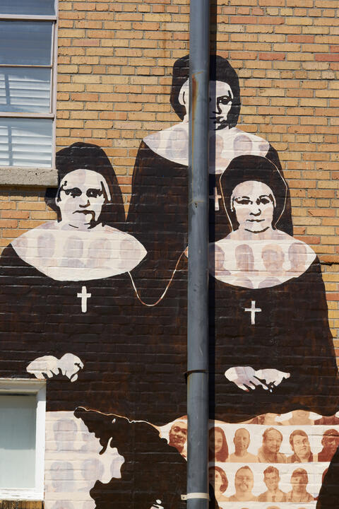 Three nuns are featured on the Memphis Upstanders Mural, a painting on a brick building in Memphis, TN.