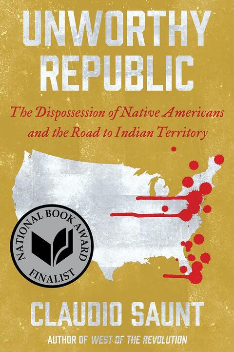 Book cover for Unworthy Republic showing a map of the United States with spattered with red marks representing blood.