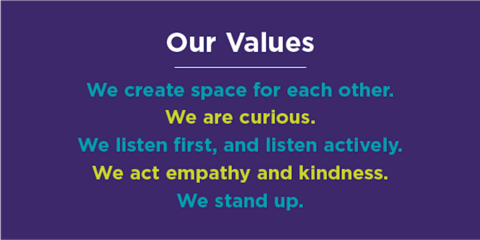 The Five Values of Facing History on a purple background