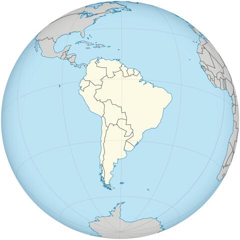 Location of South America on the globe (yellow) on the globe.