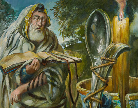 An image of a Samuel Bak Painting Man Reading by Giant Spoon