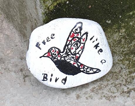 Rock with the phrase "free like a bird" painted on it