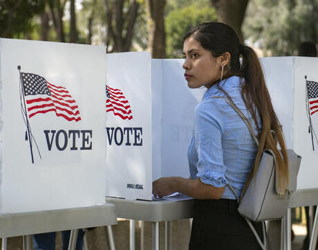 Woman pictured at voting booths.