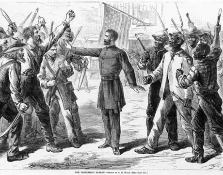  Man representing the Freedman's Bureau stands between armed groups of Euro-Americans and Afro-Americans.