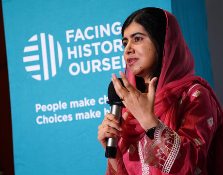 Malala Yousafzai speaking to Facing History students.