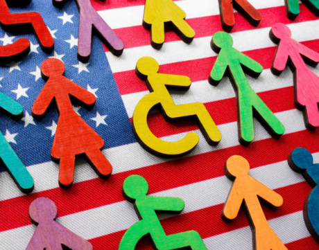 Graphic of US Flag and Multi-Colored Figures Including the Disability Access Symbol 